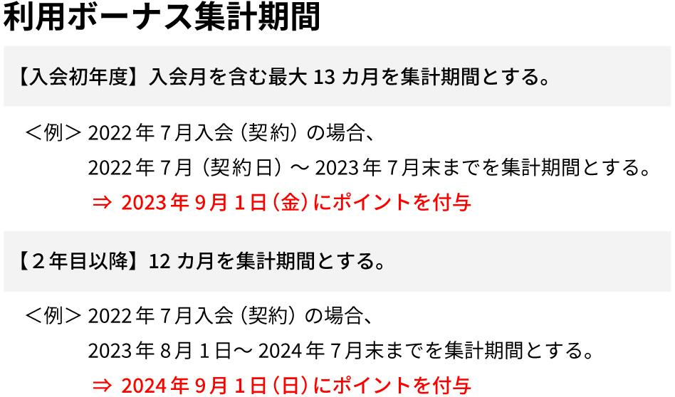 【利用ボーナス集計期間】入会初年度:入会月を含む最大13カ月を集計期間とする。例:2022年7月入会(契約)の場合、2022年7月(契約日)~2023年7月末までを集計期間とする。⇒2023年9月1日にポイントを付与。・2年目以降:12カ月を集計期間とする。例:2022年7月入会(契約)の場合、2023年8月1日~2024年7月末までを集計期間とする。⇒2024年9月1日にポイントを付与