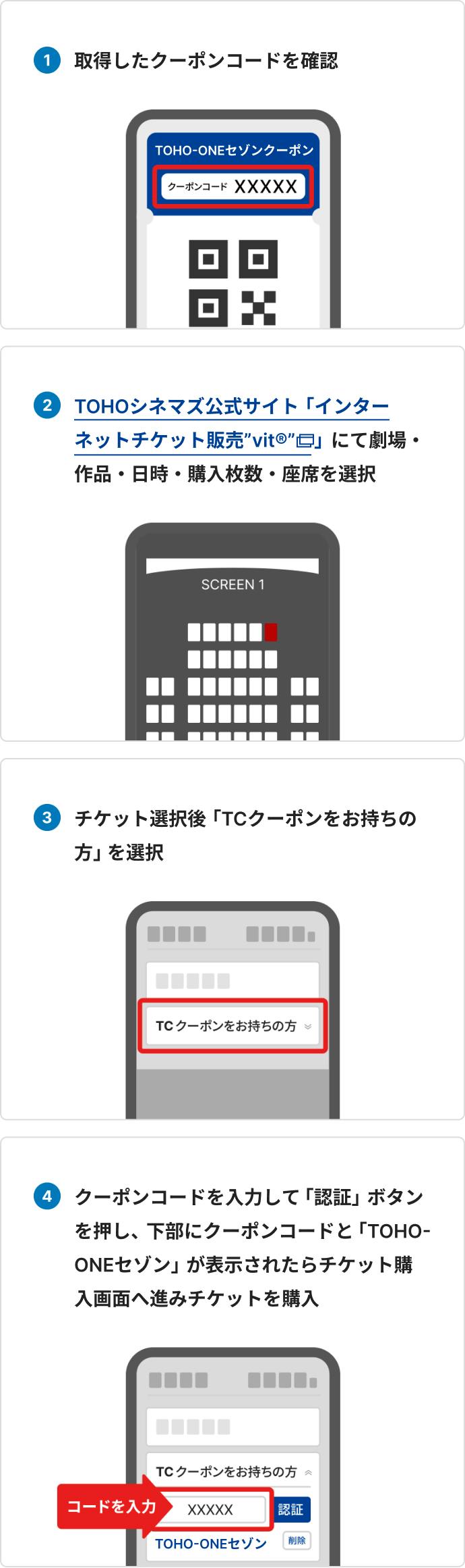 取得したクーポンコードを確認、TOHOシネマズ公式サイト「インターネットチケット販売”vit®” 」にて 劇場・作品・日時・購入枚数・座席を選択、チケット選択後、「TCクーポンをお持ちの方」を選択、クーポンコードを入力して「認証」ボタンを押し、 下部にクーポンコードと「TOHO-ONEセゾン」が表示されたらチケット購入画面へ進みチケットを購入