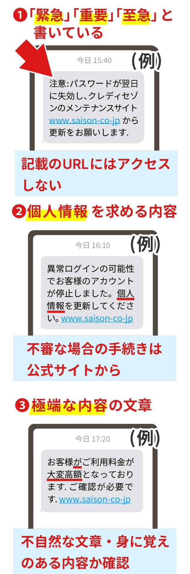 ①緊急、重要、至急と書いている②個人情報を求める内容③極端な内容の文章
