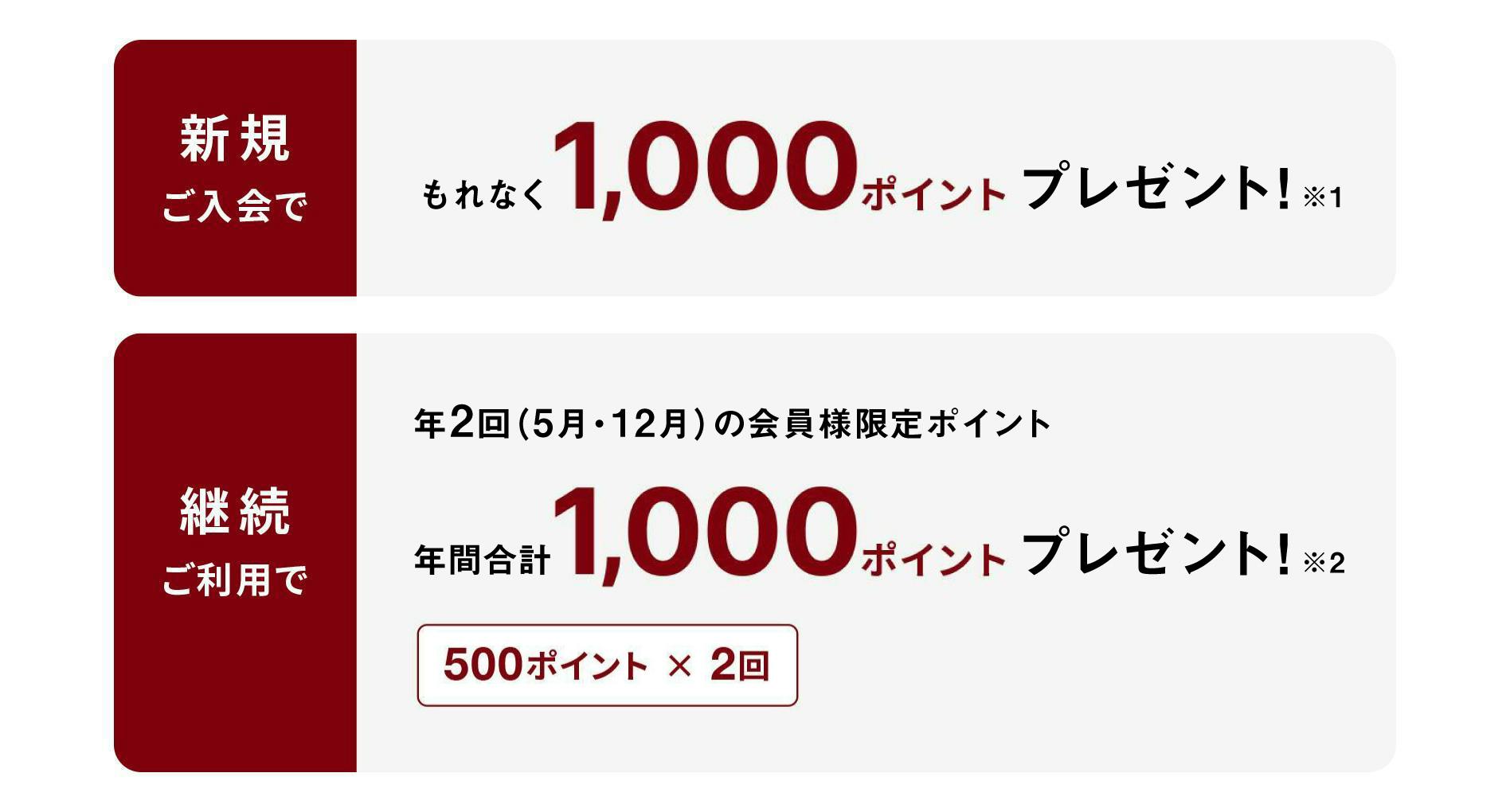 新規ご入会で、もれなく1000ポイントプレゼント!※1 継続ご利用で、年2回(5月・12月)の会員様限定ポイント 年間合計1000ポイントプレゼント!※2 500ポイント×2回