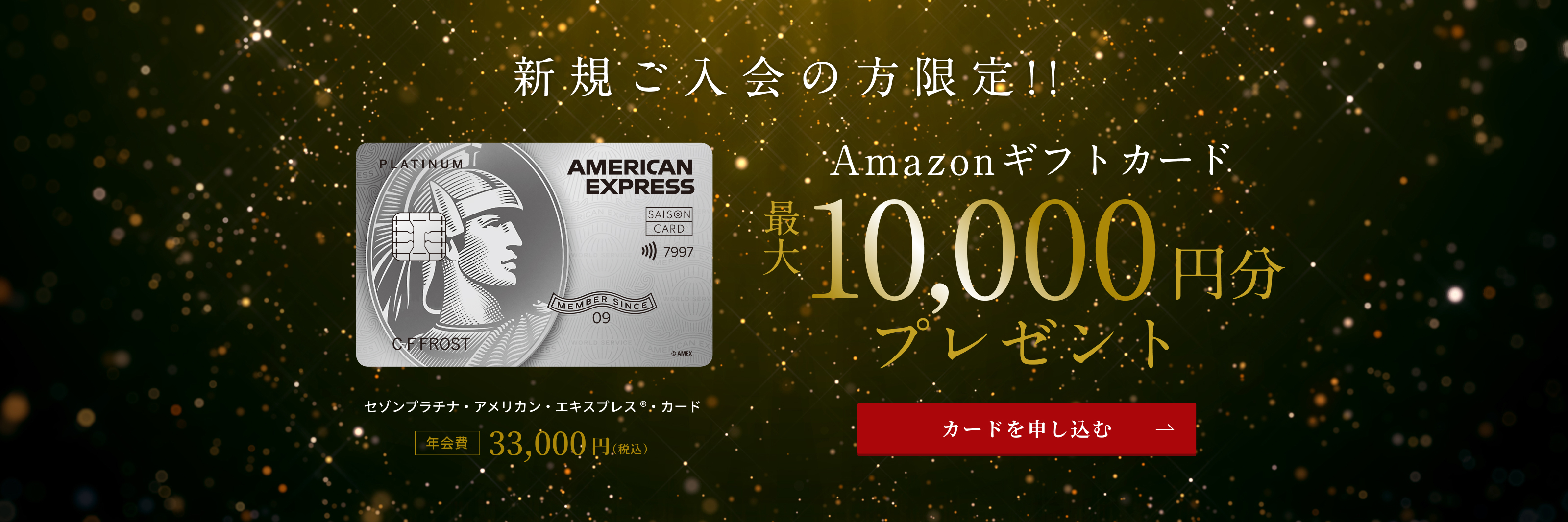 新規ご入会の方限定！Amazonギフトカード 最大10,000円分プレゼント！年会費33,000円　セゾンプラチナ・アメリカン・エキスプレス・カード　カードを申し込む